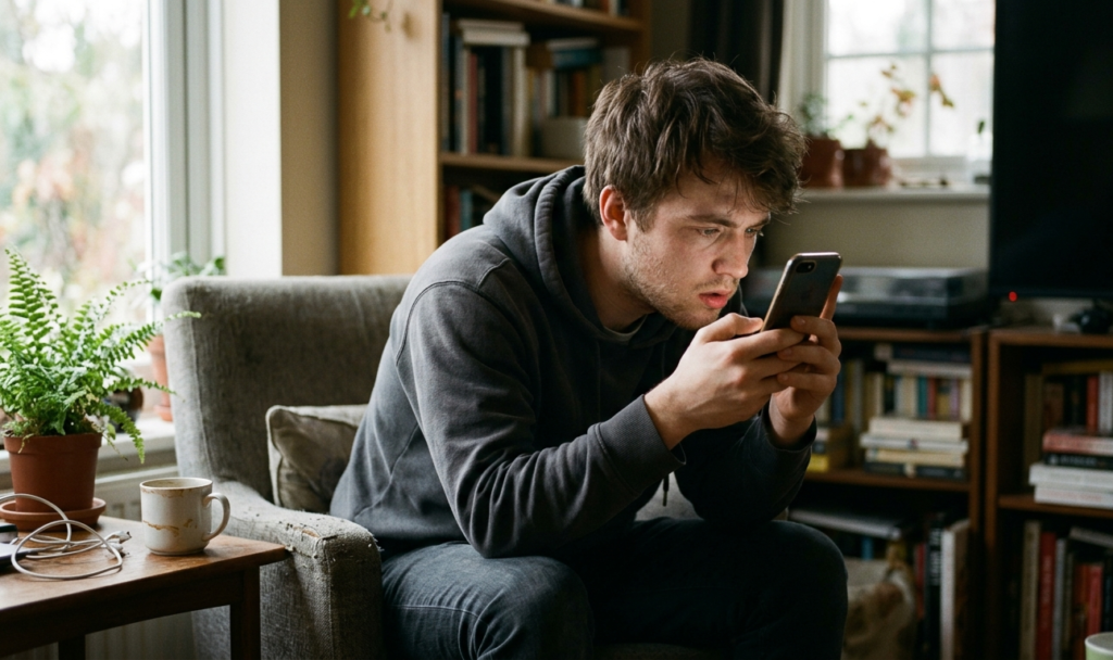 Young man deeply focused on his phone, representing loss of attention to digital devices.