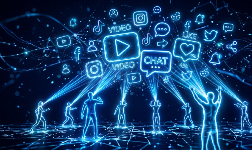Abstract image of human attention flowing into social media platforms.