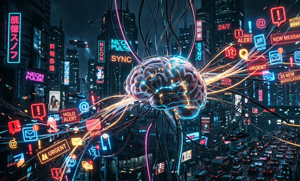 Illustration of brain being influenced by digital notifications and distractions.