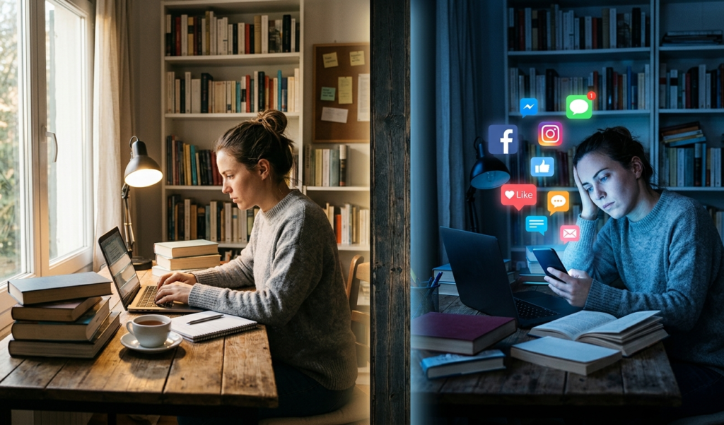Comparison between focused productivity and distracted social media usage.