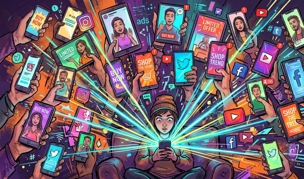 Multiple digital platforms competing for a person’s attention through social media.