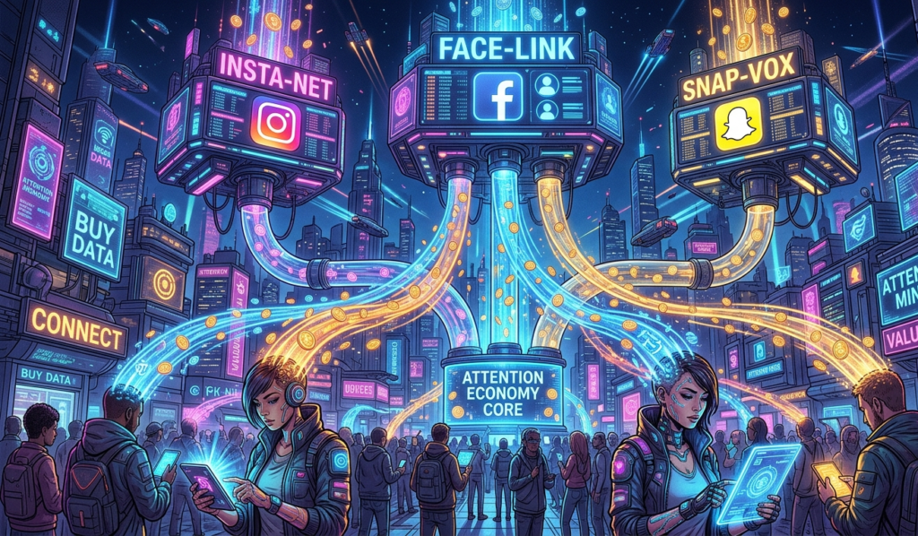 Digital illustration showing how attention is the greatest currency and being exchanged like currency in the online economy.