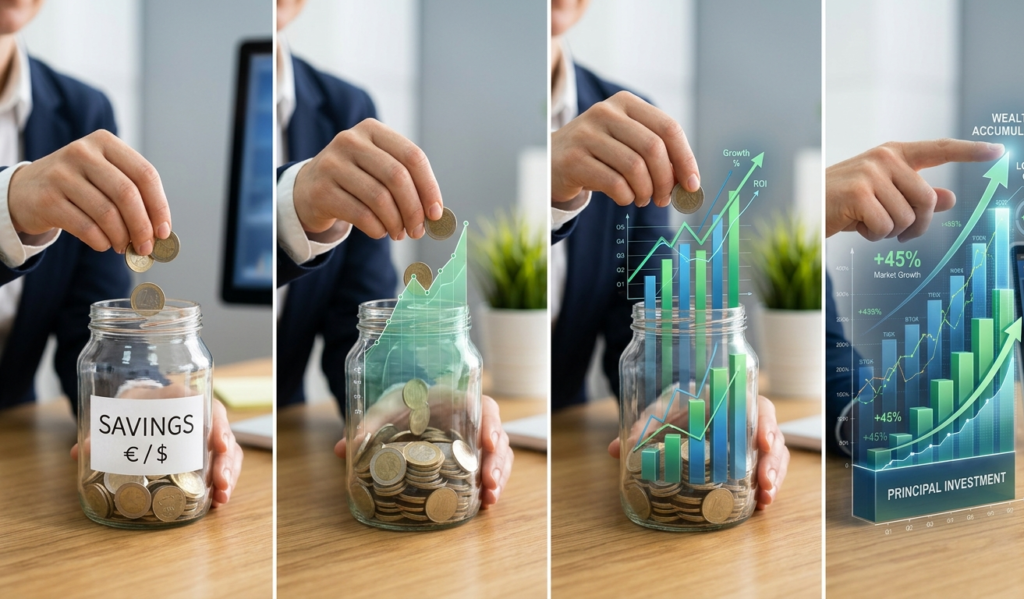 Concept of saving money and investing to build long-term wealth