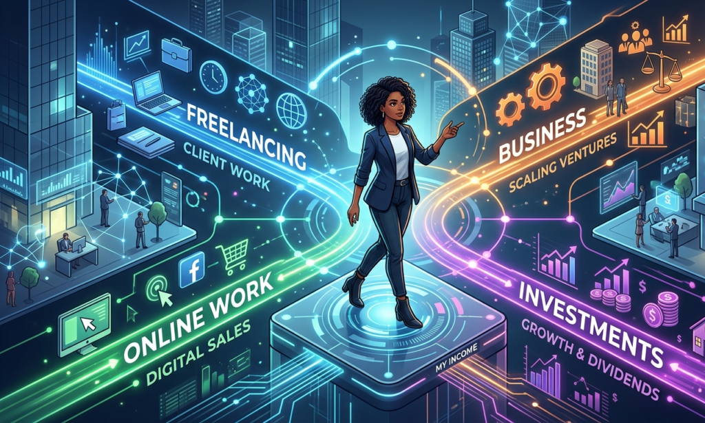 Illustration showing multiple income streams leading to wealth creation