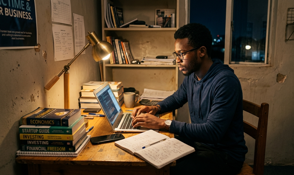 Young entrepreneur working late at night while building wealth through focused effort