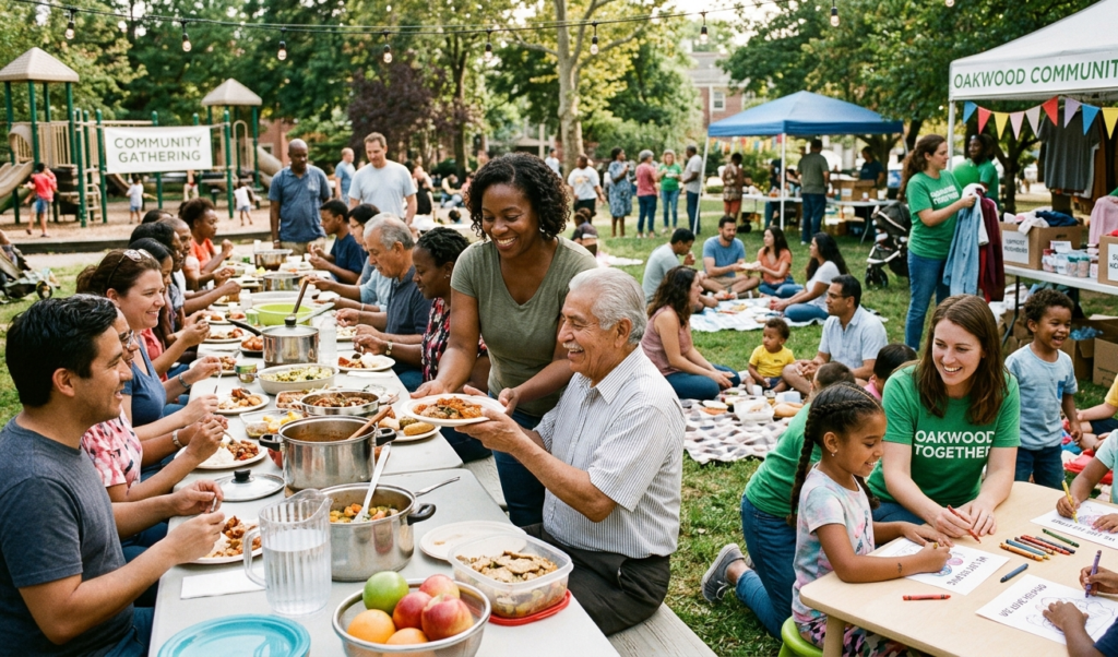 A community helping each other through food and support activities.