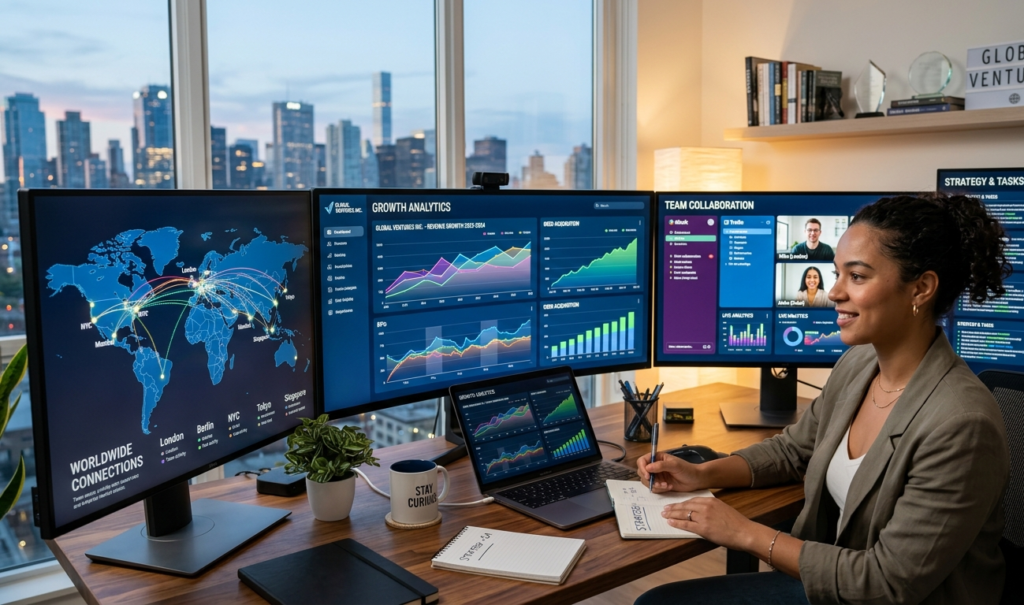 An entrepreneur using technology to access global business opportunities.