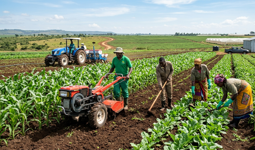 Farmers working on a productive farm with healthy crops and modern tools.