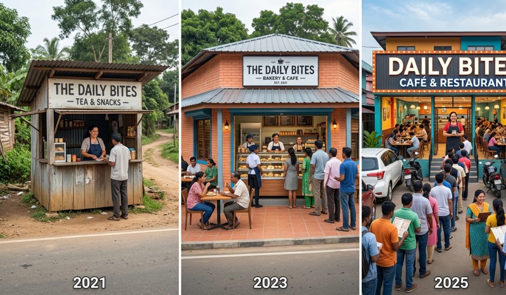 A small shop growing into a successful business with more customers.