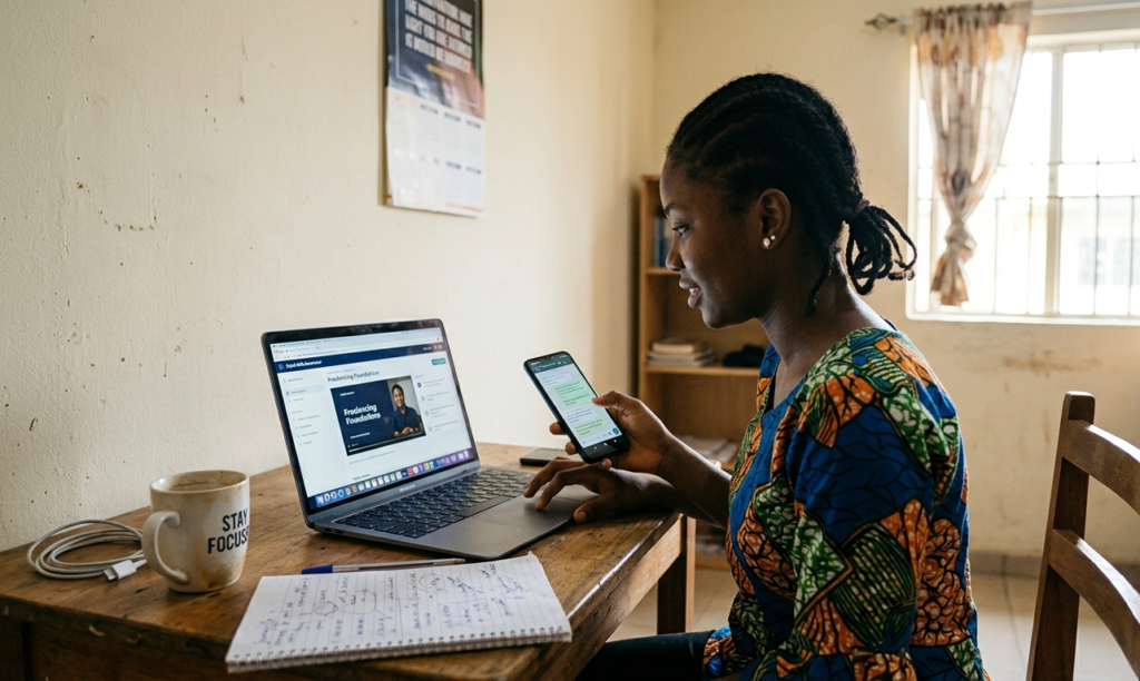 A person learning digital skills on a laptop and phone in a modest room.