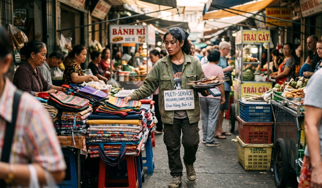 A hardworking individual managing small jobs in a busy street market.