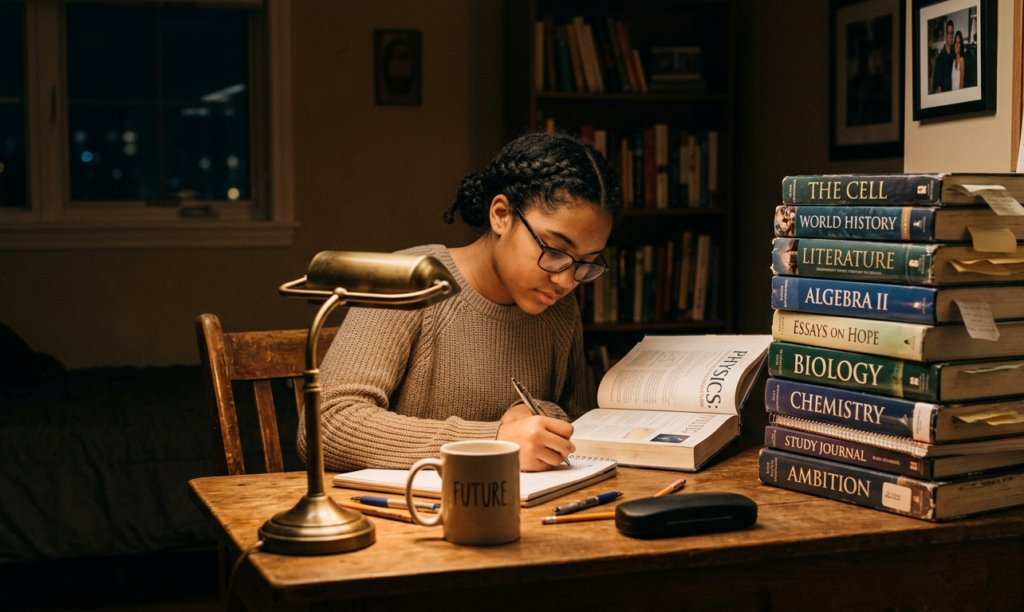 A student studying at night under a small lamp, representing hope through education.