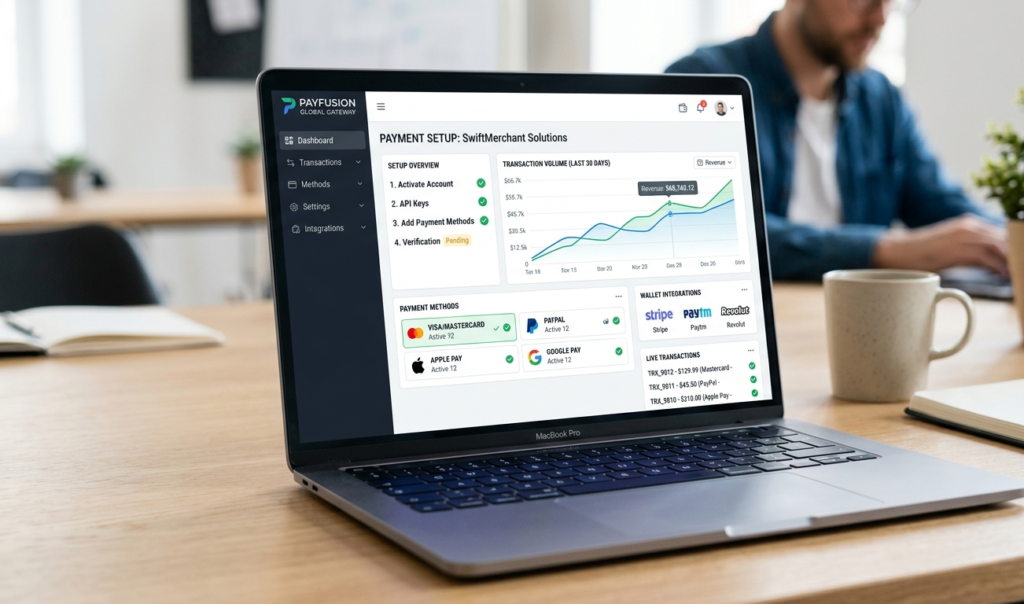Online payment system setup screen for an online business with digital finance tools.