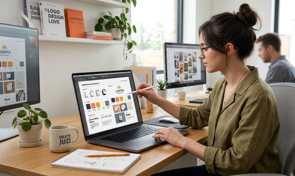 Designer working on logo and brand identity setup for an online business.
