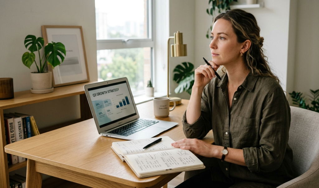 Focused entrepreneur preparing mindset and ideas before starting an online business.
