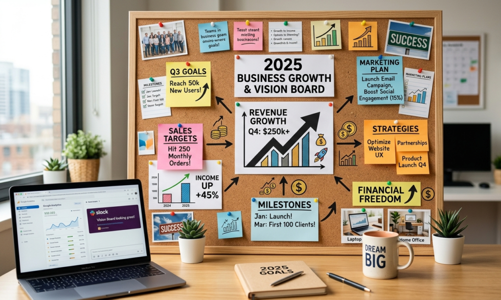 Business goal board showing targets, growth charts, and planning notes for online success.