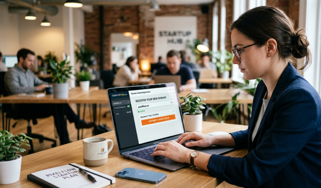 User registering a domain name on laptop while setting up an online business website.