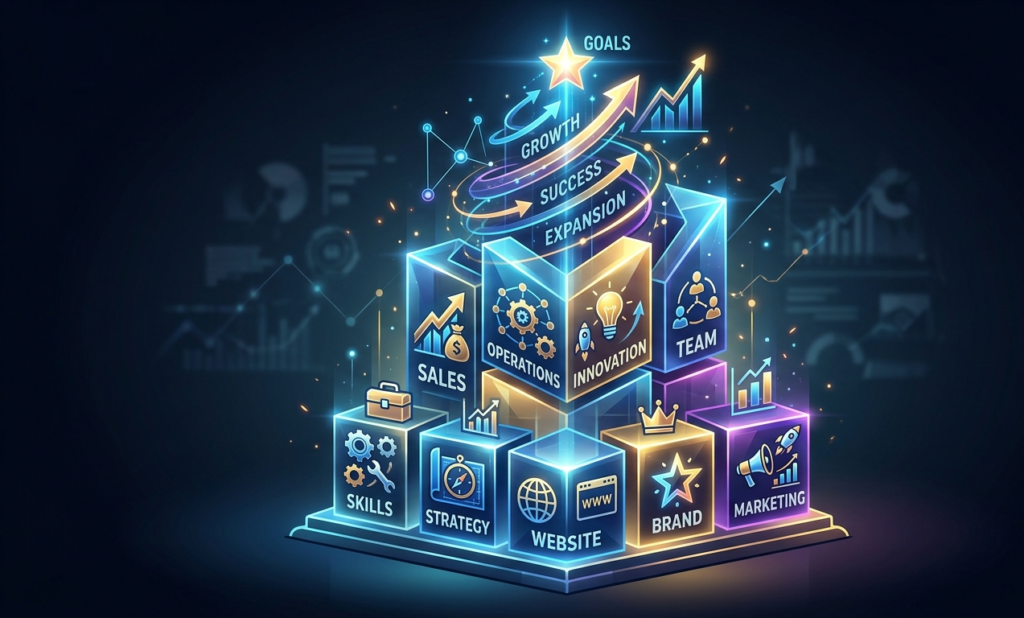 Business foundation blocks labeled brand, website, strategy, and skills representing online business setup.