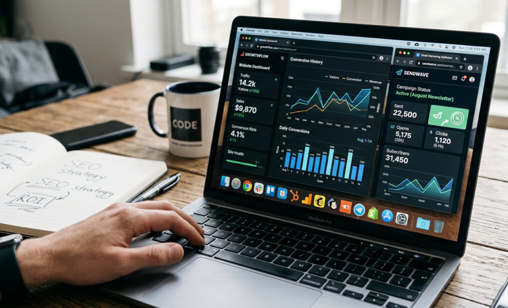 Laptop showing online business tools like analytics, website dashboard, and marketing software setup.
