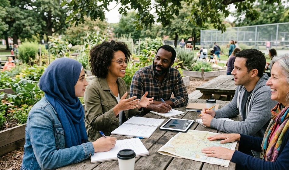 Group of people sharing ideas and supporting each other in community discussion