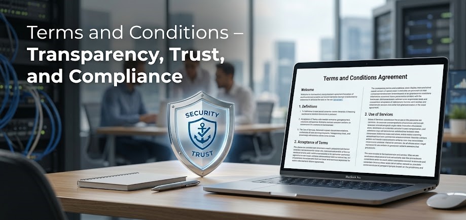 Digital agreement document and security shield representing website terms and conditions.