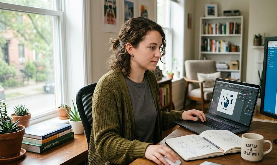 freelancer working on computer in a home office building skills to earn money online
