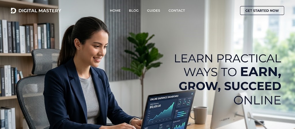 a young entrepreneur working on a laptop, digital graphs rising on screen, online earnings dashboard, modern home office environment. Realistic, professional, inspiring, high resolution. Add the inscription: "Learn Practical Ways to Earn, Grow, and Succeed Online
