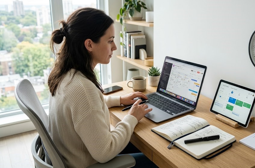 Entrepreneur managing time effectively to improve business productivity.