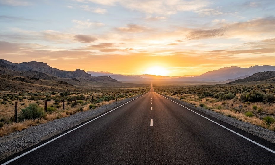 An empty road leading into sunrise symbolizing new beginnings