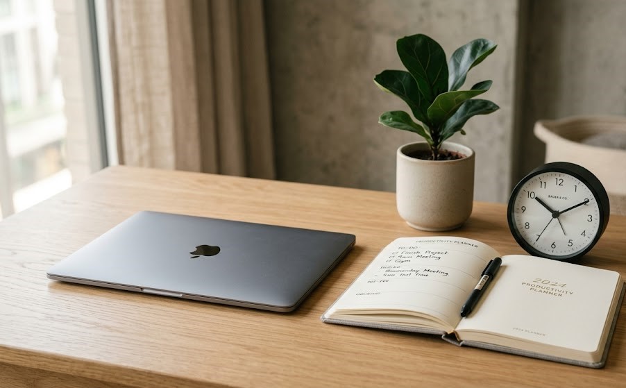 Organized workspace showing focus and time management for success