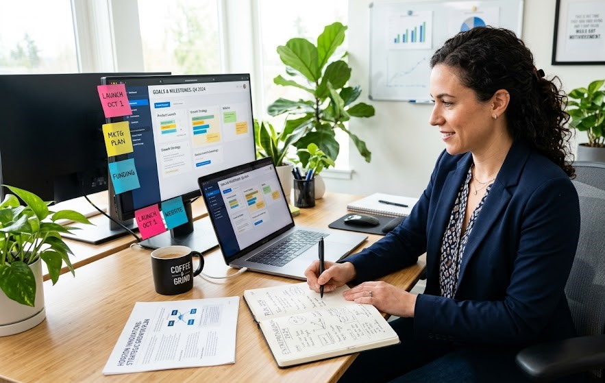 Entrepreneur planning business goals and strategy in a home office.