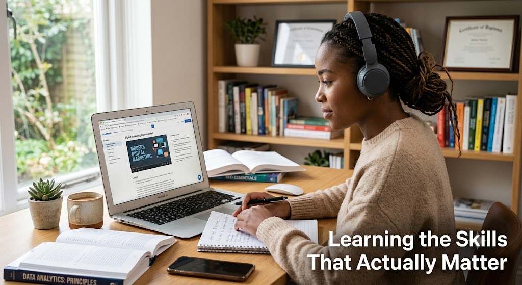 Person learning valuable digital skills for online work.