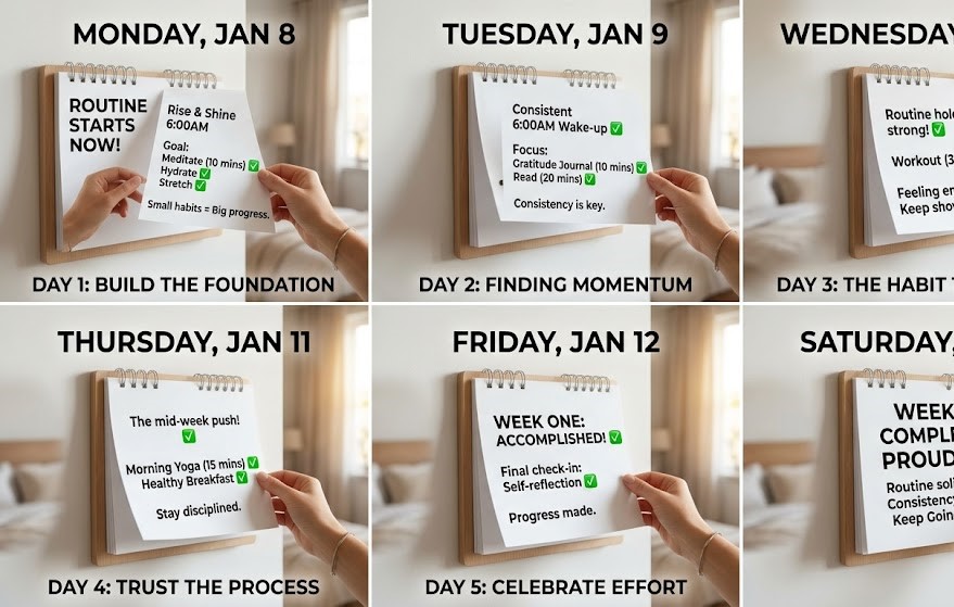 Calendar pages showing consistency and daily habits for success