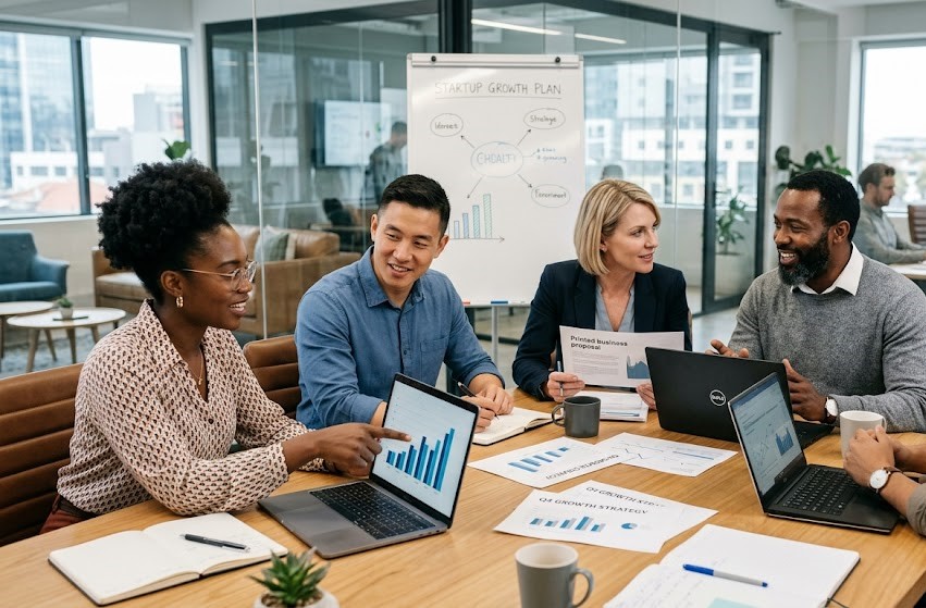 Entrepreneurs collaborating as a team to build a successful business.