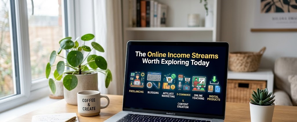 Different online income opportunities for beginners.