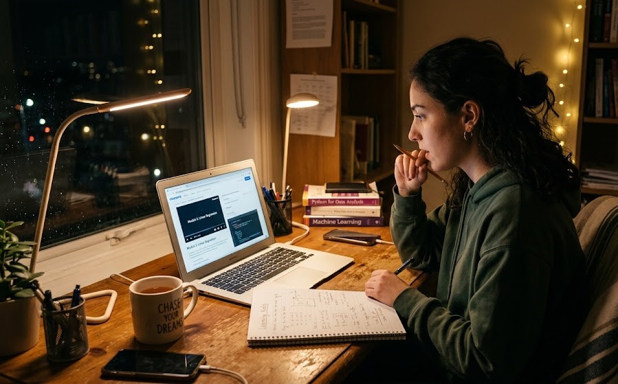 person learning online on laptop at night while trying to earn money online from home