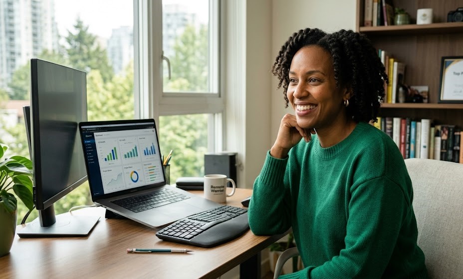successful remote worker smiling after learning how to earn money online and build financial independence