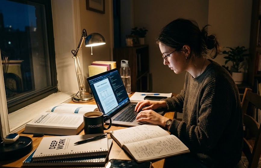 Person working late at night showing discipline and hard work toward success