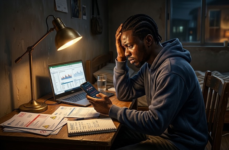 Young man looking at his empty bank account while planning his financial future.
