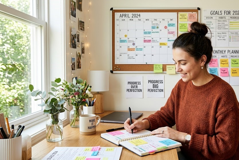 Person writing goals in a journal showing structured planning for success