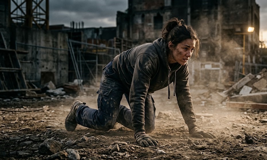 A person standing up after falling showing strength and resilience