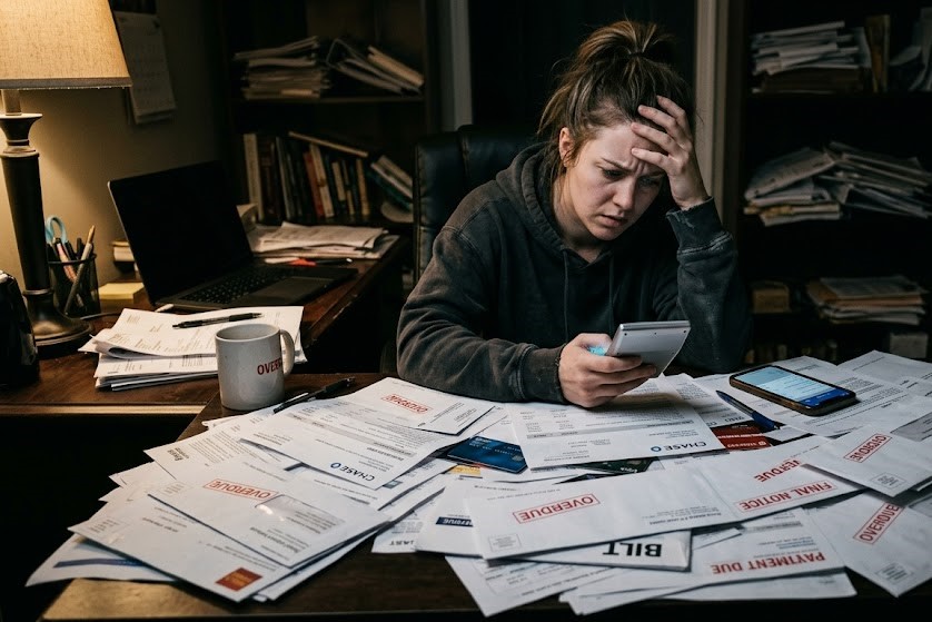 Person overwhelmed by debt and unpaid bills accumulated from financial mistakes