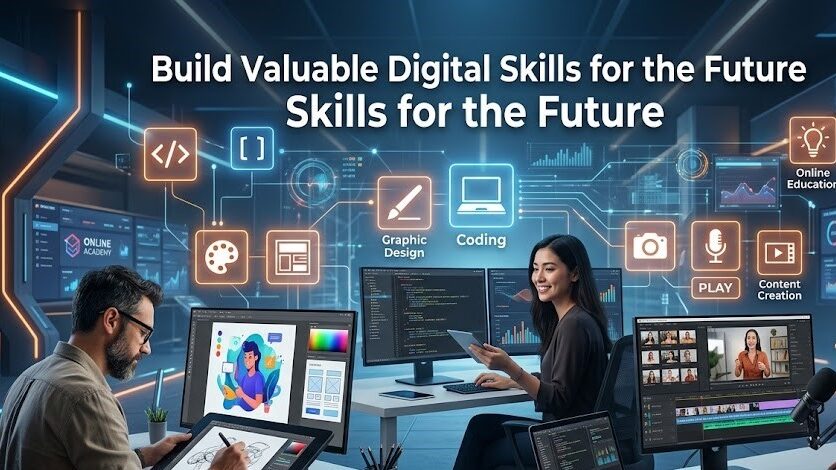 blog header image featuring digital learning, coding, graphic design, content creation, and online education elements. Modern technology background with glowing icons and futuristic interface. Realistic and professional. Add the inscription: "Build Valuable Digital Skills for the Future