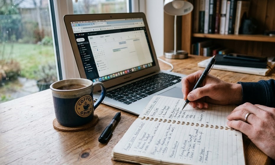 Close-up of hands writing plans in a notebook beside a laptop, coffee cup, early morning study/work session, realistic, motivational tone