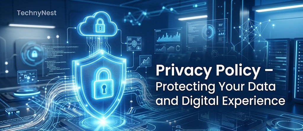 Privacy Policy banner featuring digital security, data protection, and online privacy concepts for TechnyNest.
