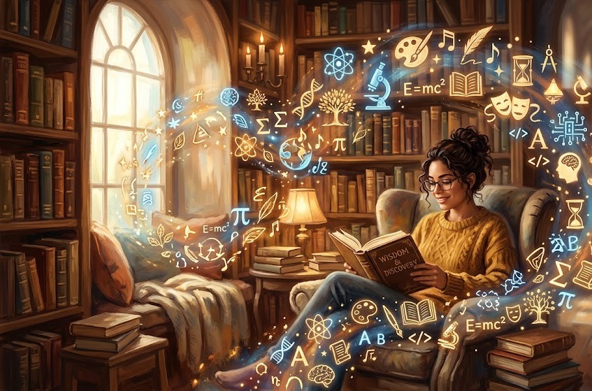 Person reading books symbolizing learning and self-improvement for success