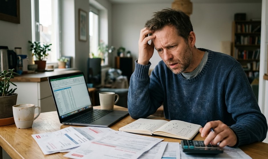 stressed person thinking about financial struggles and how to earn money online instead of begging