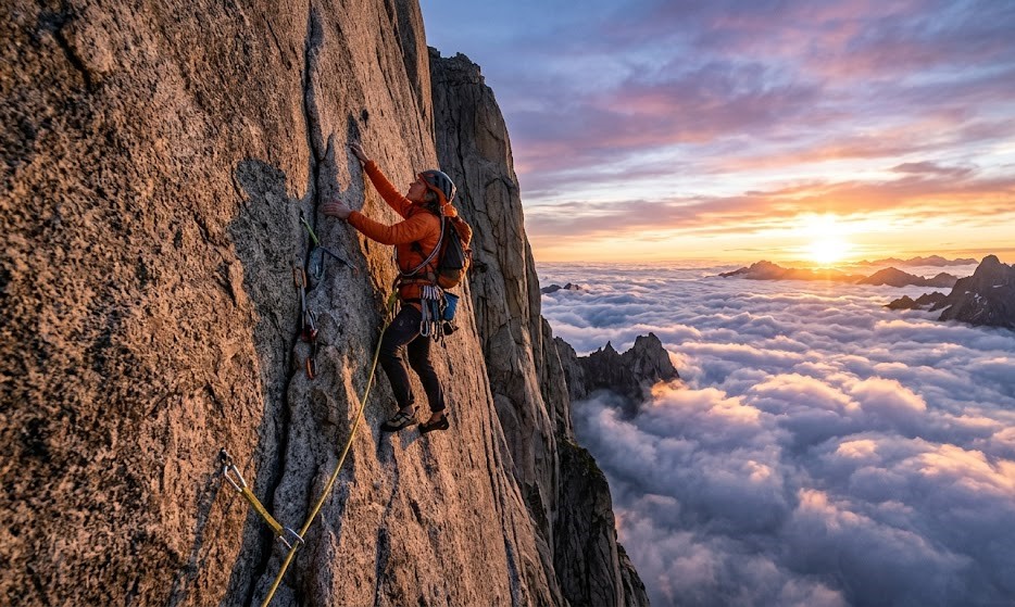 A climber pushing upward on a mountain representing determination
