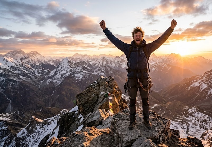 Person standing on a hill at sunrise overlooking a city symbolizing success and transformation