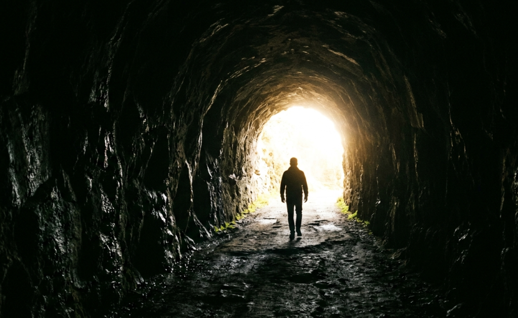 A person walking from darkness into light representing hope and progress in order not to give up in life